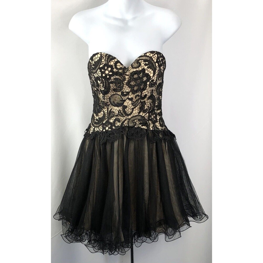 Strapless Corset Back Cocktail Dress S Blk Lace Mesh Wire Ruffle Whimsigoth prom